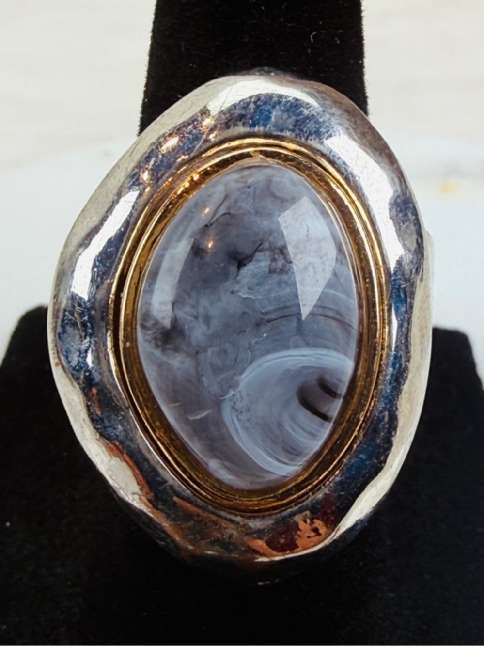 Gorgeous aged Silvertone gray blue Bohemian chic sz 6 adjustable statement ring